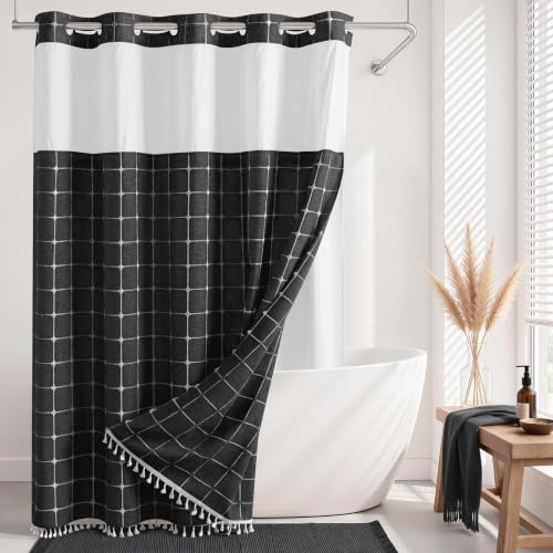 Farmhouse Shower Curtain with Snap-in Liner, No Hooks Needed Fabric Shower Curtains with Tassels for Rustic Bathroom Decor, with Window,with Magnets,Water Repellent&Machine Washable,Black,71x74Inch - color: Black-window, size: 71"W x 74"L (Pack of 1)