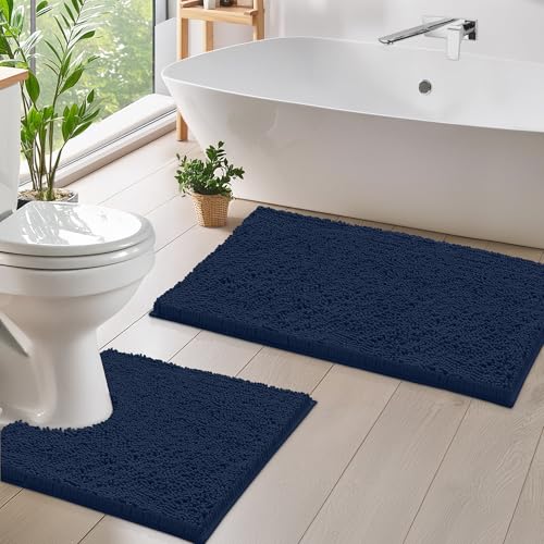 LuxUrux Bathroom Rugs Sets 2 Piece: Quick Dry, Soft Plush Anti-Slip, Super Absorbent. Includes Rectangular (31x20 inches) & U-Shaped Toilet Mat (20x20 inches) | Navy - color: Navy, size: 2 Piece Set