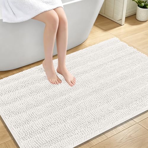 OLANLY Thick Large Bathroom Rugs 47x32, Extra Soft Absorbent Chenille Striped Bath Rugs, Rubber Backing, Machine Wash Dry, Bath Mats for Bathroom Floor, Tub and Shower, Home Decor Accessories, Ivory - color: Ivory, size: 47" X 32"