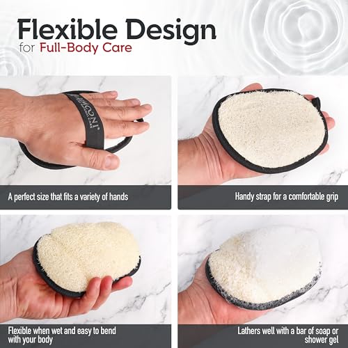 Almooni Natural Exfoliating Loofah for Men, Lightly Abrasive Egyptian Loofah Body Scrubber for Men, Dual-Sided with Cotton Back, Hand Strap, Black, 2-Count - style: Black