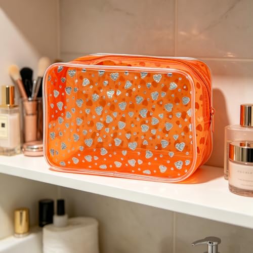 Waterproof Makeup Bag with Silver Stars, Pink Clear Cosmetic Pouch, 7x2.3x4.7 Inches, TSA Approved Travel Toiletry Organizer, 2 Pack (Orange+Heart) - color: Orange+Heart