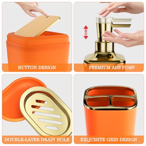 Bathroom Set - 11PC Bathroom Accessory Set, Bathroom Accessories Set, Orange Bathroom Set, Push-lid Trash Can, 3PC Soap Dispensers, Toilet Brush & Q-tip Holders - color: Orange & Gold, size: Bath Set