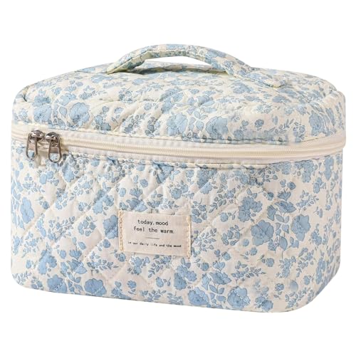 Gosect Large Makeup Bag, Cute Cosmetic Bag for Women Girls, Floral Coquette Aesthetic Toiletry Bag, Travel Make Up Organizer Bag (BDLH) - color: 08Blue Flower