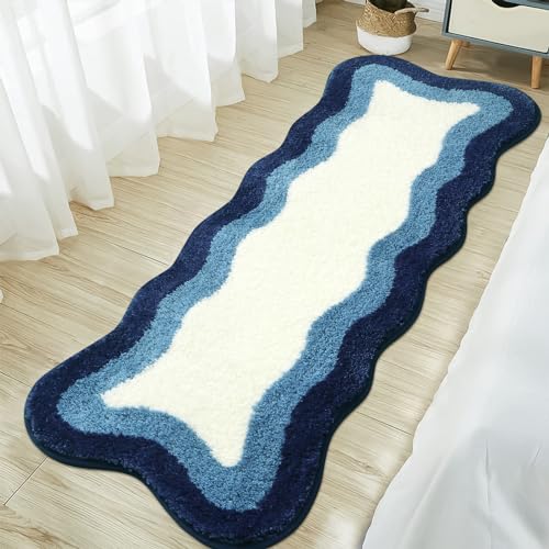 HAOCOO Bathroom Runner Rug 18x47 inch, Luxury Soft Non-Slip Long Bath Mat, Microfiber Machine Washable Blue Rug Runner Floor Mats for Bath Sink Tub Shower - color: Blue, size: 18x47 inch (Irregular)