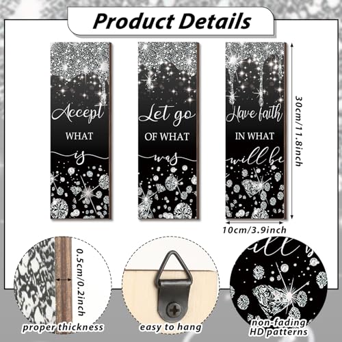 Domensi 3 Pcs Black and Silver Living Room Decorations Glitter Diamond Bathroom Wall Decor Wooden Accept Let Go Have Faith Wall Art Bathroom Decor Black Silver Shiny Drips Hanging Sign for Home Spa