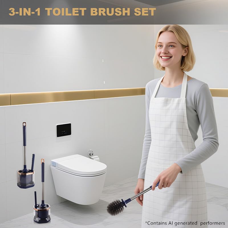 Toilet Bowl Brush and Holder 2 Pack Long Handled Toilet Brush Set for Bathroom with Gap Cleaning Brush and Clip deep Cleaning Wall-Mounted Household 3-in-1 Cleaning Brush Set （Blue）