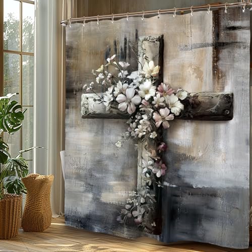 Miyotaa Abstract Cross Bless Shower Curtain Set 60Wx71H Inches Farmhouse Rustic Minimalist Neutral Brush Stroke Waterproof Bathroom Curtain with 12 Hooks - color: Rustic Cross, size: 60"W x 71"L (Pack of 1)