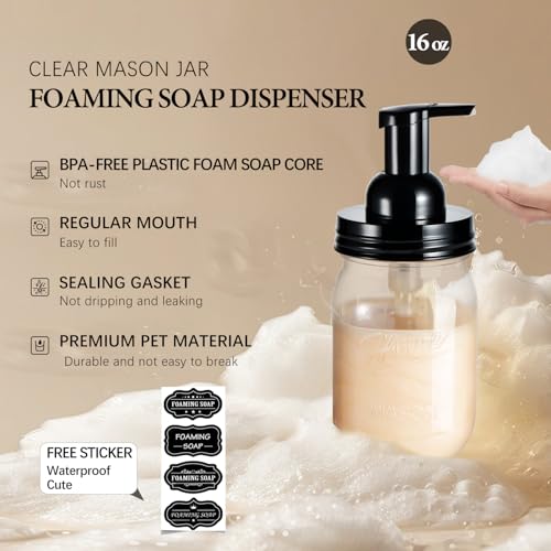 Amolliar Plastic Mason Jar Foaming Soap Dispenser with Pump Lid,16OZ Refillable Hand Soap Dispenser Set with Cute Lables - Farmhouse Decor for Kitchen/Bathroom, Lotion Liquid Dish Soap (4 Pack, Black) - color: Clear Jar With Black Pump, size: 4 Pack