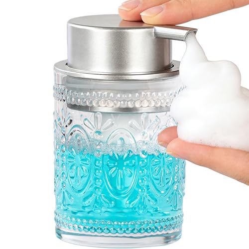 Glass Foam Soap Dispenser, 8 Oz Face Wash Dispenser for Bathroom, Vintage Glass Clear Foaming Hand Soap Dispenser, Small Refillable Lotion Dish Dispenser for Kitchen, Matte Silver Pump - color: Matte Silvery-8 Oz