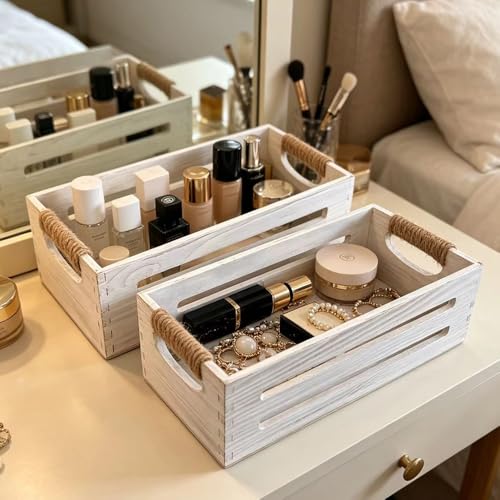 2Pack Wooden Bathroom Storage Crates with Rope Handles - Rustic Farmhouse Toilet Tank Topper Organizer Bin for Toilet Paper, Bathroom Decor, Kitchen Countertop & Home Organization (Distress White) - color: Distress White