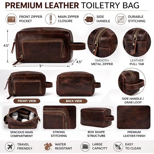 Men's Toiletry Bag Leather Travel Toiletry Bag Dopp Kit for Men Shaving Bag for Travel Accessories 101 YEAR QUALITY REPLACEMENT WARRENTY - color: Dark Chocolate Brown