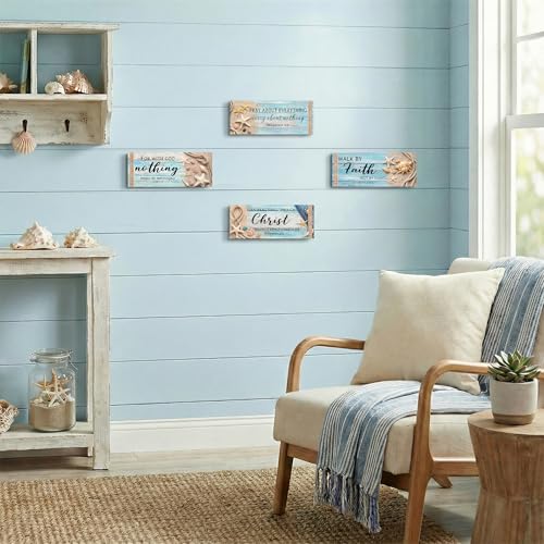 4Pcs Coastal Wooden Wall Decor for Bathroom Bedroom Summer Beach Christian Wall Art Room Decor Starfish Seashells Wooden Signs Teal Ocean Religious Decor with Bible Verses Nautical Home Decoration - style: Coastal