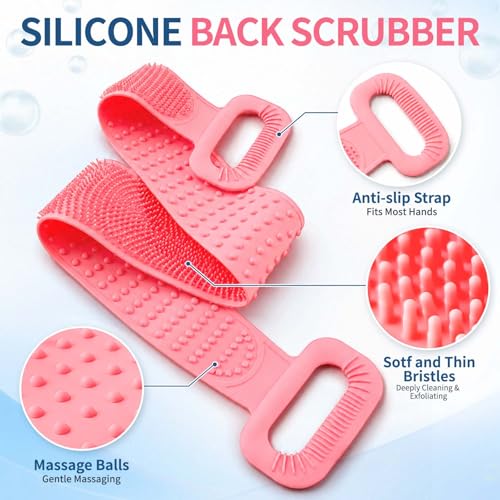 Manmihealth Silicone Back Scrubber for Shower & African Net Sponge Net Set, 36'' Dual-Sided Back Washer & African Long Bath Sponge, Extendable Long Silicone Body Brush (Pink+Pink) - color: Pink+pink