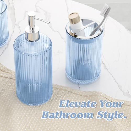 Blue Glass Bathroom Accessories Set 5 Piece, Vintage Ribbed Soap Dispenser, Toothbrush Holder, Tumbler, Qtip Jars, Cute Aesthetic Vanity Organizer for Home, Restroom Countertop Decor - color: Blue, size: 5 Pieces