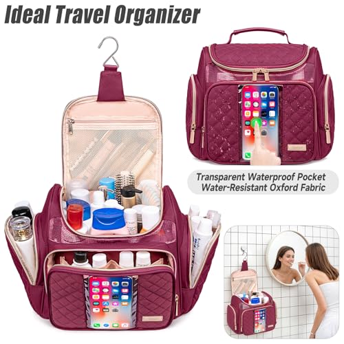 Tealari Large Toiletry Bag for Women Men,Bathroom Bag,Water Resistant Shower Bag,Makeup Bag,Portable Shower Caddy for College Dorm,Hanging Travel Toiletry Bag with Transparent Waterproof Phone Pocket - color: Wine Red-1