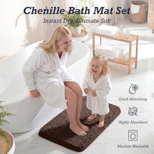 HUXMEYSON Bathroom Rugs Set 2 Piece, Ultra Absorbent Chenille Non Slip Bathroom Mat Set - 17'' x 24'' Plush Bathroom Rug & 20'' x 32'' Extra Soft Bath Mat - Machine Washable, Brown - color: Brown, size: 24" x 17" + 32" x 20"
