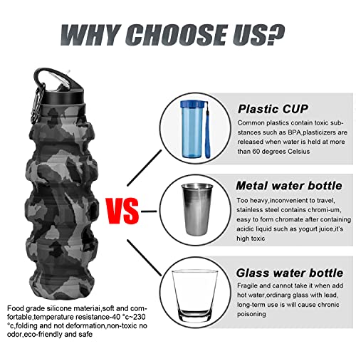 QiCheng&LYS Collapsible Water Bottle Sports Bottle 19.5OZ/580ml Travel Water Bottle for Men Women kids. BPA Free Food Grade Silicone. (Dark gray camouflage cup) - color: ark gray camouflage cup