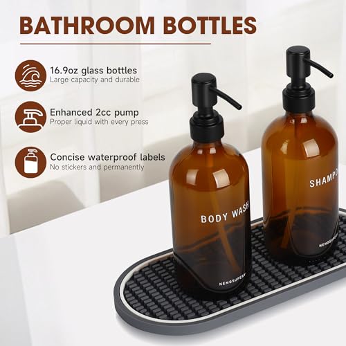Amber Glass Shampoo and Conditioner Dispenser Set – 16.9oz Refillable Bottles with Stainless Steel Pump, Non-Slip Mat & Waterproof Labels –Shampoo Conditioner Body Wash Dispenser for shower - color: Amber