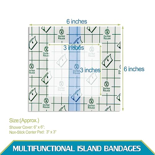 Waterproof Dialysis Catheter Shower Cover PD Catheter Shower Protector Shields with Non-Stick Center Pad for Peritoneal Dialysis Accessories Port Chest Central Line 6"x6" Pack of 25 - size: 6 x 6" with Island Dressing (Pack of 25)