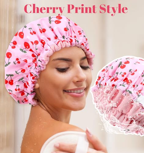 Terry Lined Shower Cap, Shower Cap with Terry Cloth Lining Large Reusable Waterproof with Elastic Band for Long Thick Hair (Pink)