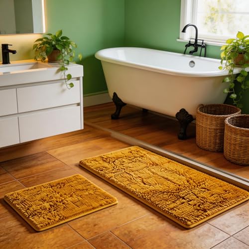 Bathroom Rugs Sets 2 Piece Extra Soft Chenille Bathroom Mats Non Slip Bath Mat Set,Absorbent Shaggy Rugs Perfect Plush Bath Rugs with U-Shaped Toilet Rug,Bathrom Carpets for Bathroom Gold - color: Gold, size: 32"L x 20"W + 24"L x 16"W