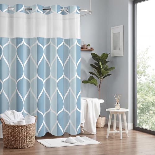 Yiatn Light Blue Hook Free Shower Curtain with Snap in Liner - Hotel Style with See Through Mesh Top Window, Modern Geometric Waterdrop Design,Waterproof and Washable,- 71x74 INCH - color: Light Blue, size: 71"W x 74"L (Pack of 1)