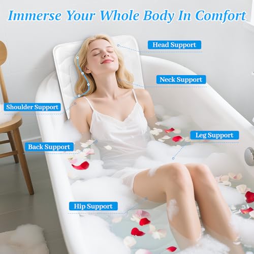 TranquilRelax Bath Pillow for Tub with Laundry Bag & 17 Non-Slip Suction Cups, Extra Thick and Soft Bathtub Pillow for Head, Neck & Shoulder Support, 56" x 16" White - color: White