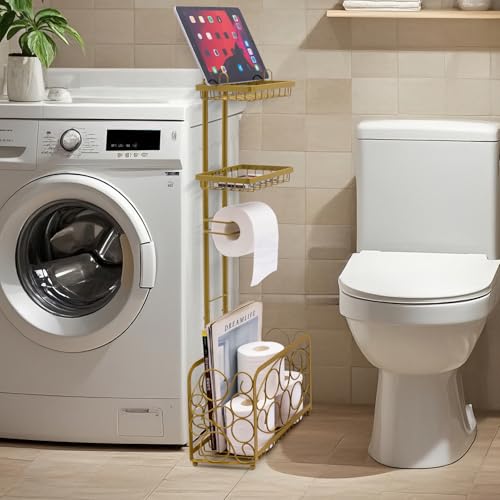 Oasis Creations Toilet Paper Holder Tissue Rack Stand with Magazine Toilet Roll Storage Basket- Freestanding, Gold Metal - color: Gold