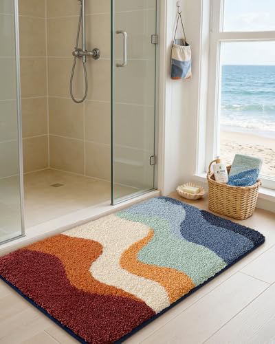 DEXI Bathroom Rug Washable, 32x20 Non Slip Bath Mat Absorbent, Soft Plush Microfiber Bathmat Quick Dry for Shower Floor, Colorful - color: Abstract Colorful, size: 32" X 20" (Rectangular)