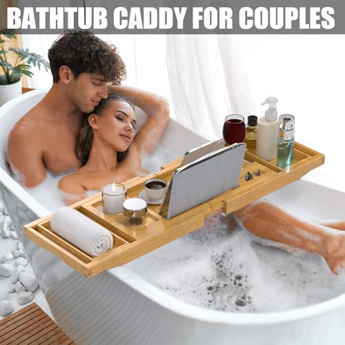 Bathtub Tray Caddy, Expandable Bath Trays for Tub, Bamboo Shelf & Table with Wine Glass Holder,Bathroom Accessories for New Home & Mothers Day & Birthday Gifts for Mom - color: Natural