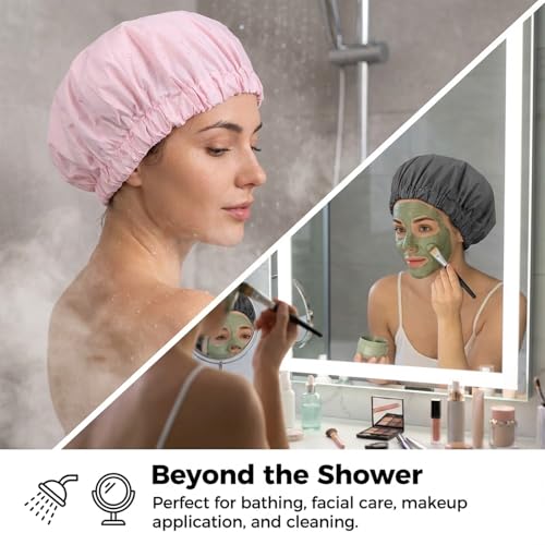 2 Pcs Reusable Shower Cap for Women Reusable Waterproof Large Shower Bonnet Washable Elastic Band Bath Hair Hat Double Layer Showers Caps Soft Non-Slip Washable Showers Bonnet for Most Hair Types