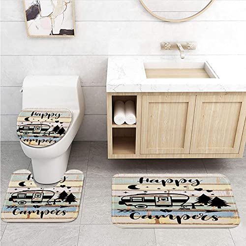 Camper RV Bath Mat Set, Happy Camper Accessories for Travel Trailers, Farmhouse Camping Bathroom Set With Rug and Toilet Lid Cover