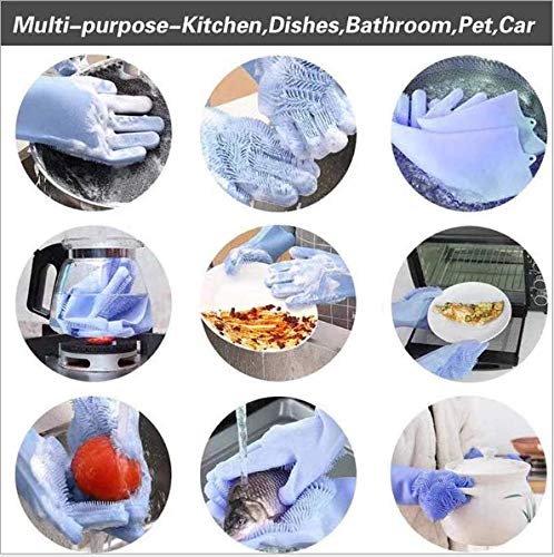 Silicone Dishwashing Gloves, Pet Grooming Rubber Scrubbing for Dishes, Sponge Wash Cleaning with Scrubbers (13.6" L) - color: Blue
