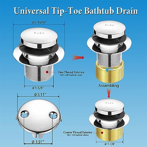 Tip Toe Bathtub Drain Conversion Kit Assembly, Tub Drain Plug Trim Set Bath Tub Drain Stopper with Two-Hole Overflow Faceplate (Chrome Plated) - color: Chrome Plated