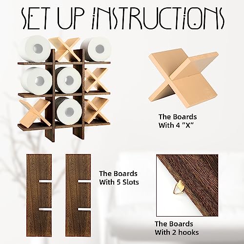 Weysat Tic Tac Toe Toilet Paper Holder Stand Bathroom Wall Decor Rustic Wooden Hanging Storage Freestanding Wall Mounted Shelves Decor for Toilet Tissue Farmhouse - color: Wood Color, Brown