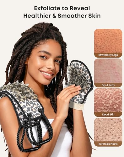 eaxun Exfoliating Back Scrubber with Two Handles & Glove for Shower, Dual-Sided Bath Exfoliator and Mitt with Mesh Loofah for Men, Women, Elderly, Deep Cleansing Body Washer Set - Leopard - color: Leopard Set, size: Medium