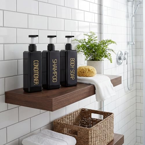 Shampoo and Conditioner Dispenser Shower Soap Bottles 3 Pack 550ml/18.6oz Refillable Shampoo Pump Bottle Dispenser Plastic Empty Body Wash Dispensers with Stylish Permanent Labels for Bathroom (Black) - color: Black