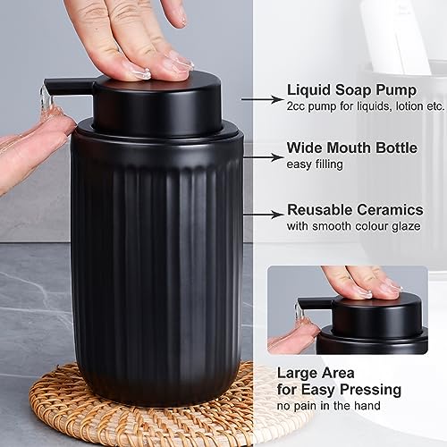 BosilunLife Dish Hand Soap Dispenser - Black Liquid Pump Soap Dispenser for Bathroom Decro 12oz Ceramic Kitchen Dish Dispenser with Rust-Proof Liquid Pump Modern Refillable Lotion Bottles - color: Black Lotion Pump