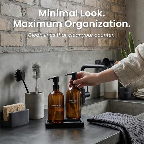 Maisonovo Kitchen Soap Dispenser Set - Hand and Dish Soap Dispenser Set with Amber Glass Soap Dispenser, Black Pumps & Ceramic Tray - color: Amber Bottles/ Black Pumps/ Black Ceramic Tray
