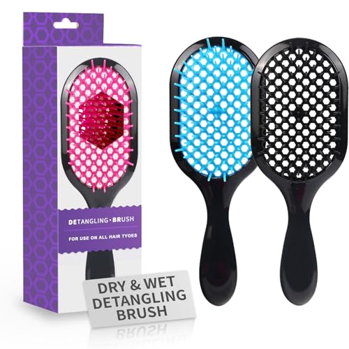 Detangling Brush,2 Pack Detangler Brush, Gentle & Effective Detangling on Wet or Dry Fragile Hair Types,Ultra-light, Detangling Brsuh ventilated and antistatic hairbrush (Black+blue) - color: Black+blue