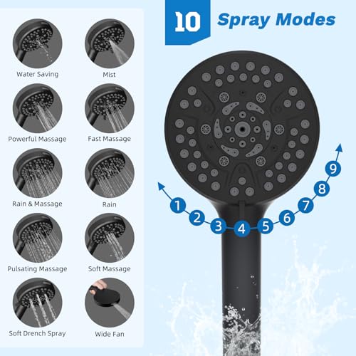 Hibbent cUPC Certified 13'' Shower Head Combo, High Pressure 5 Spray Rainfall Showerhead, 10 Spray Mode Handheld, All Metal Easy Reach 4-way Diverter Arm with Pause Mode, 71'' Hose and Holder, Black - color: Black, style: Square 13"