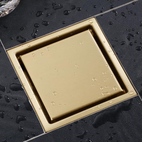 4 Inch Gold Shower Drain, SUS304 Stainless Steel Square Bathroom Floor Drain with Flange Reversible 2-in-1 Cover Insert Tiles for Filtering, Brushed Gold - color: Brushed Gold, size: 4 inch-Reversible