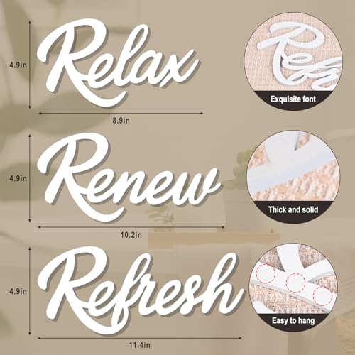3 Pieces Bathroom Decor Wooden Bathroom Sign,Relax Renew Refresh Sign (White) - color: White