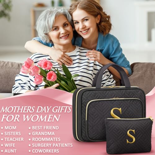 Gifts for Women, Initial Toiletry Makeup Bag Hanging Cosmetic Organizer with Embroidery Letter Personalized Nurse Teacher Appreciation Birthday Mothers Day Gifts for Mom Sister Wife Friends Auntie Her - style: S