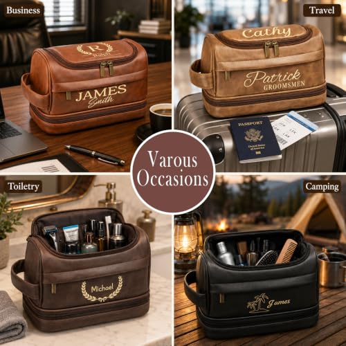 Personalized Toiletry Bag for Men, Custom Toiletries Bag Gifts for Men, Him, Birthday, Anniversary, Graduation, Groomsmen, Dad, Husband, Boyfriend, Leather Engraved Travel Cosmetic Shaving Hygiene Bag - color: Brown