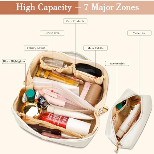 Birthday Gifts for Women Teen Girl, Personalized Initial Makeup Organizer Bag Set, Open Flat Travel Cosmetic Bag With Clear Divider and Handle(Beige,F) - color: Beige, style: F