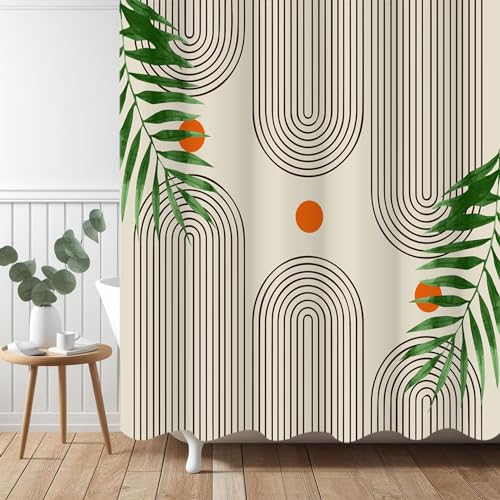 Boho Mid Century Modern Shower Curtain, Abstract Arch Leaf Minimalist Sun Beige Machine Washable Waterproof Fabric for Bathroom Bathtub with Hooks 72x72 - color: Beige Boho Leaves, size: 72"W x 72"L (Pack of 1)