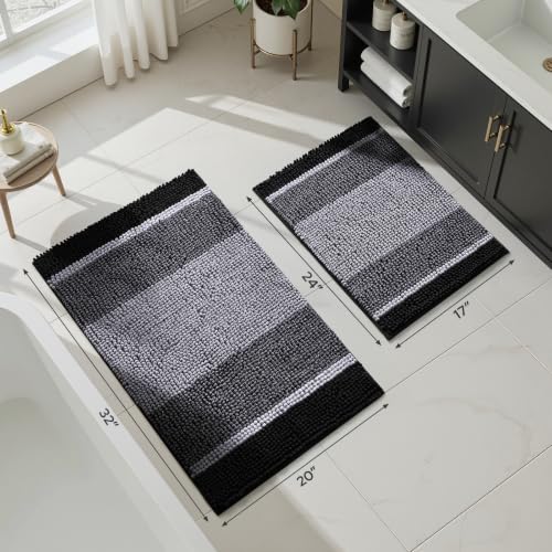 HOMEIDEAS Black Bathroom Rugs Set of 2, Thick Absorbent Chenille Bath Mats, Non-Slip Soft Shaggy Rugs for Bathroom Floor, 20" x 32" & 17" x 24" - color: Black
