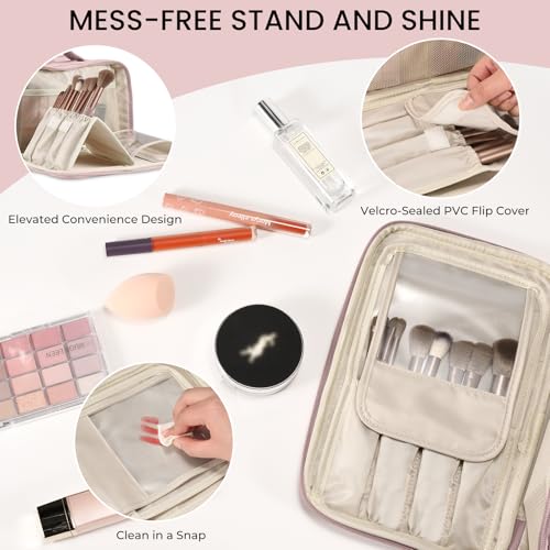 HauteHues Travel Makeup Bag Women's Large Capacity Cosmetic Portable Organizer Large Opening Waterproof Storage Toiletry Bags Vertical Free-Standing Brush Holder for Easy Access Pink - color: Pink