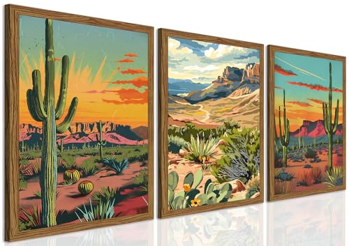 Framed Desert Landscape Wall Art Set of 3, Vintage Mexican Cactus Wall Decor Paintings, Boho Southwestern Mountain Plant Pictures Canvas Prints for Living Room Bedroom Bathroom Office 12x16 inch - color: Desert, size: 16"L x 12"W